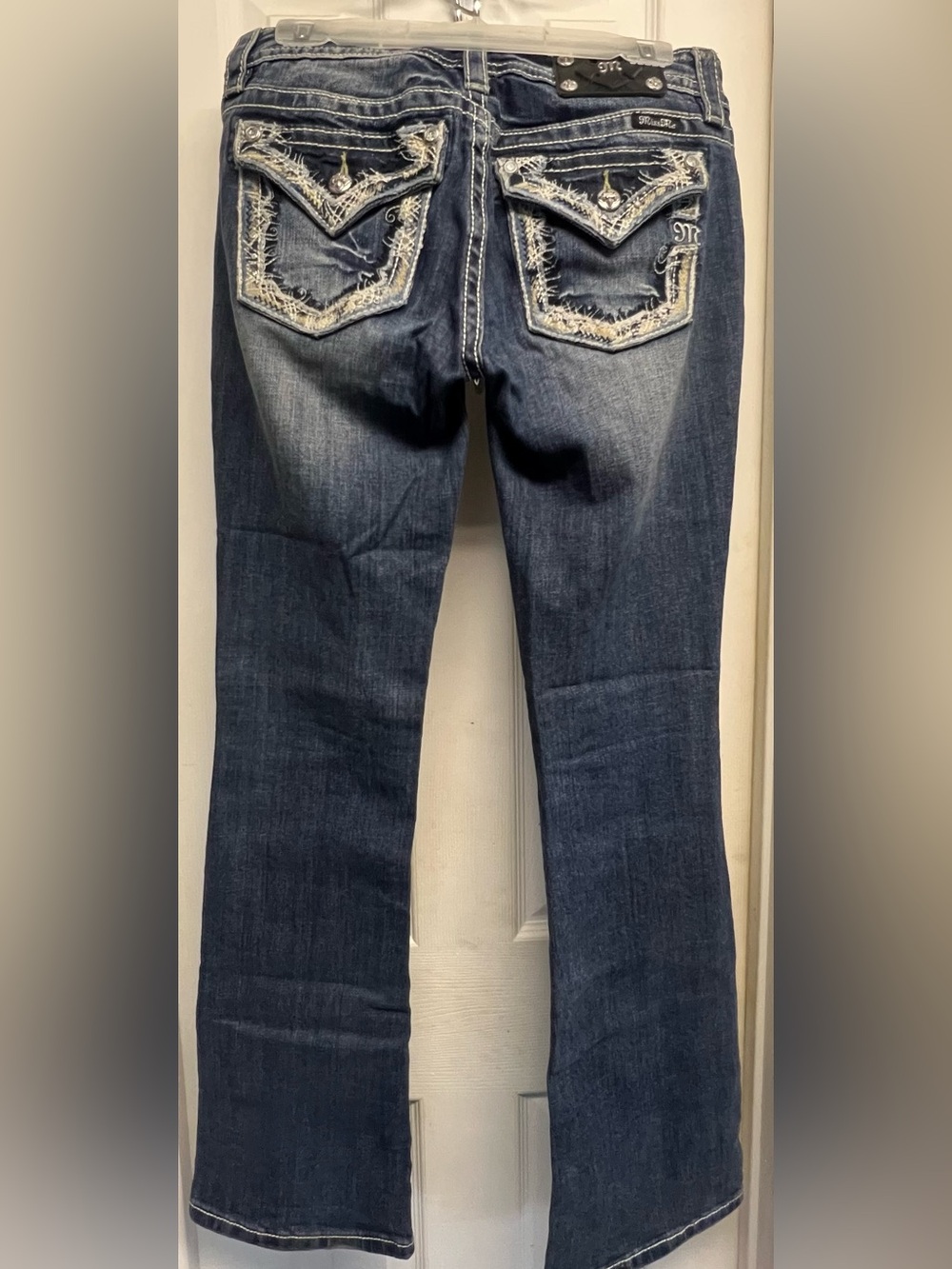 Miss Me Dark Blue Bootcut Jeans with Frayed Embroidered Pockets